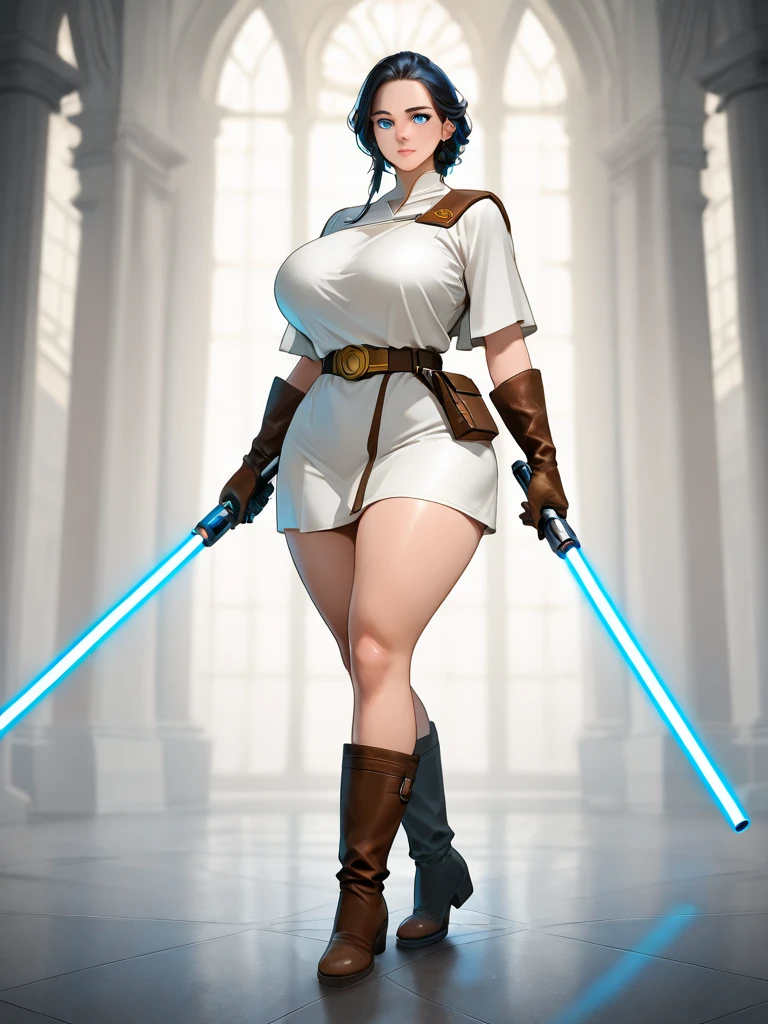 Carrie Fisher, playing the Princess Leia, wearing outfits revealing her breasts and pubes, in action in the Death Star, in Star Wars.