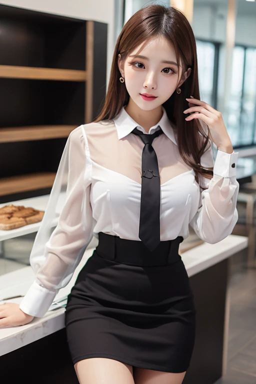 Zuoye Lintang 768, Mature female,(Wearing business attire,formal jackets,neck tie, tie,White shirt, skirt, High heel,High waist skirt)( Perfectly rounded big,milk,house,Hourglass figure, Thin waist,btpt-fc,Photo-realistic, (Surrealism:1)fair, masterpiece, best quality, Extremely detailed face, Perfect lighting,Detailed eye makeup, Facial details, Eyes are delicate and exquisite,Beautiful hands, Perfect hands (Realistic students,Realistic iris:1) Heavy eye makeup (Working in a restaurant, Background Restaurant)