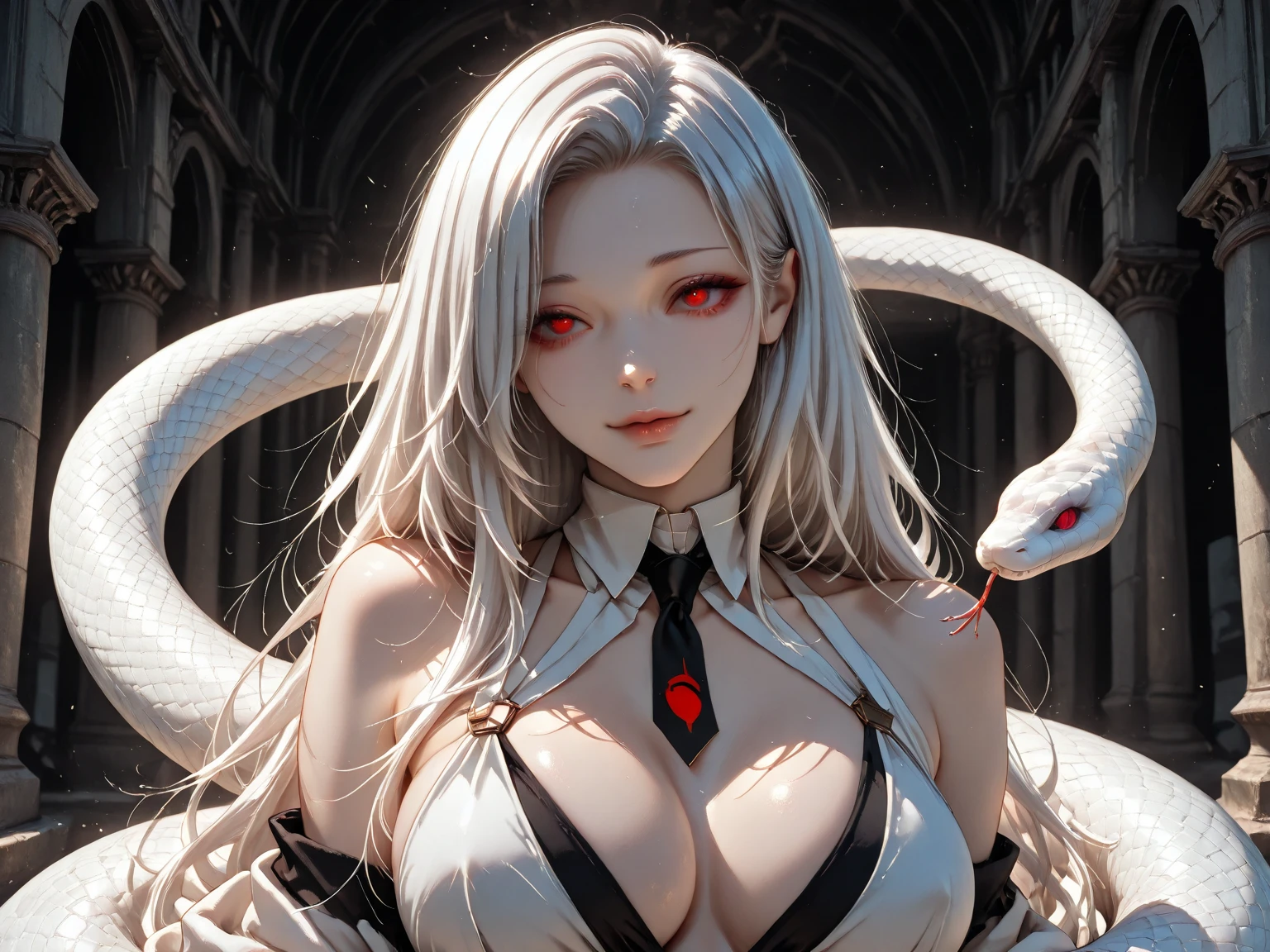 Japanese cartoons girl in black and white outfit with snake skin, Exquisite details. Japanese cartoons. tentacle, seductive Japanese cartoons girl, detailed digital Japanese cartoons art, photorealistic Japanese cartoons girl render, perfect android girl, Neil 2 b, 2. 5 d cgi Japanese cartoons fantasy artwork, Neil, Silver eyes all over, advanced digital Japanese cartoons art, smooth Japanese cartoons cg art, 3d Japanese cartoons girl