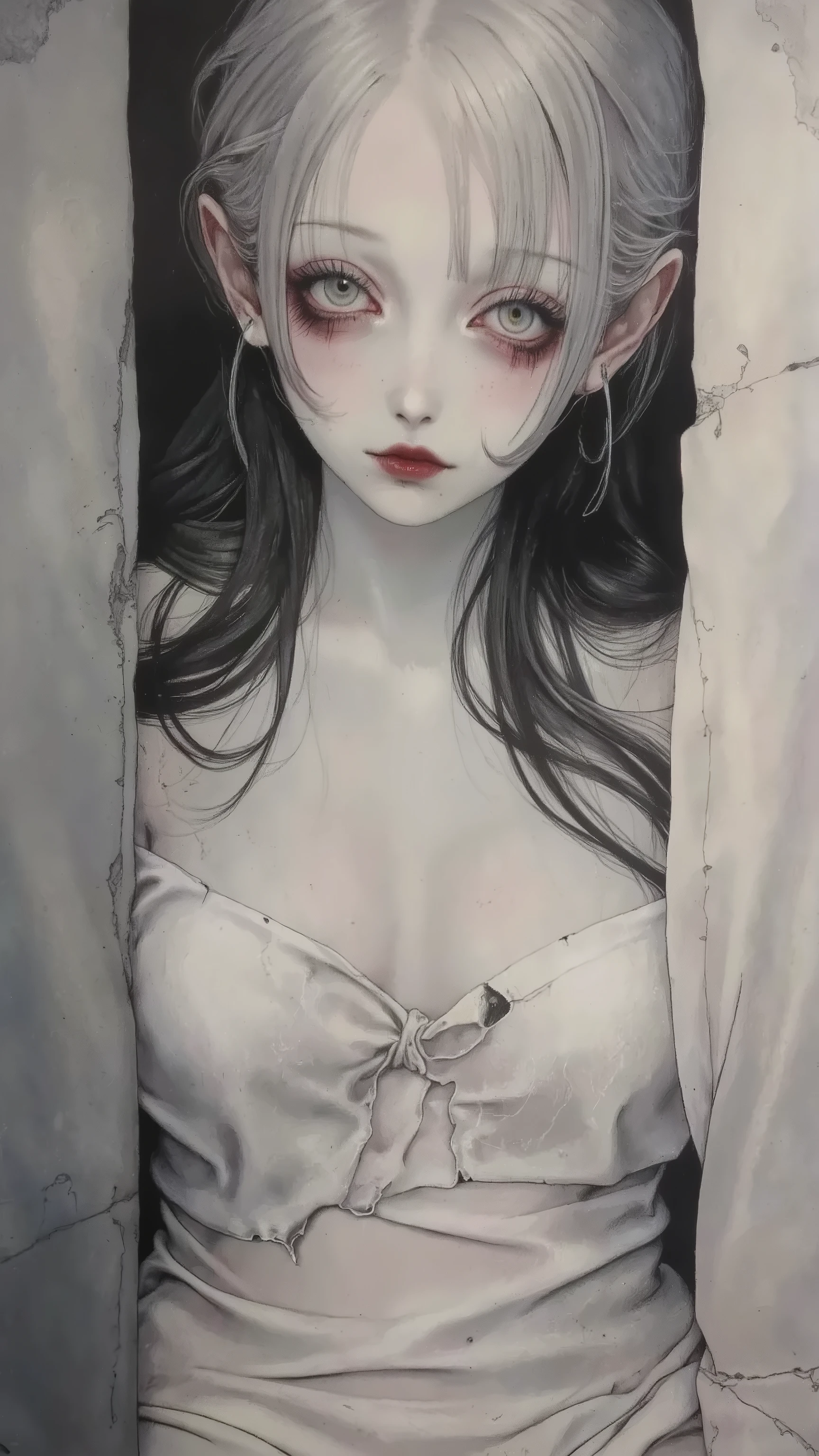 1girl,solo,tareme,red eyes,red rips,all white,white hair,wearing white dress,doll-like,melancholic,depression,pale skin,dramatic,vivid color,horror and beautifull,by gustavklimt