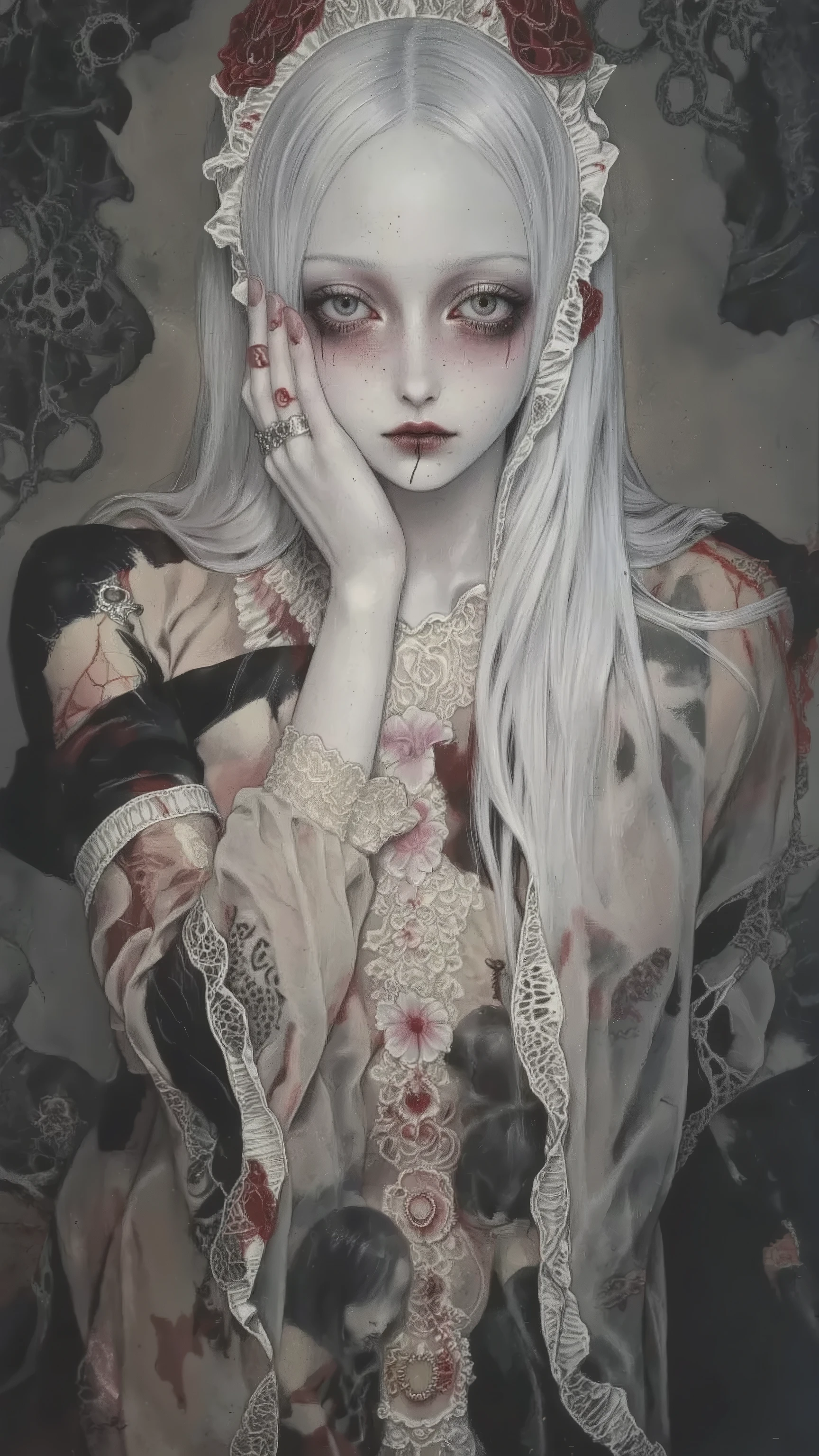 1girl,solo,red eyes,red rips,all white,white hair,wearing white dress,doll-like,melancholic,depression,pale skin,dramatic,vivid color,horror and beautifull,by gustavklimt