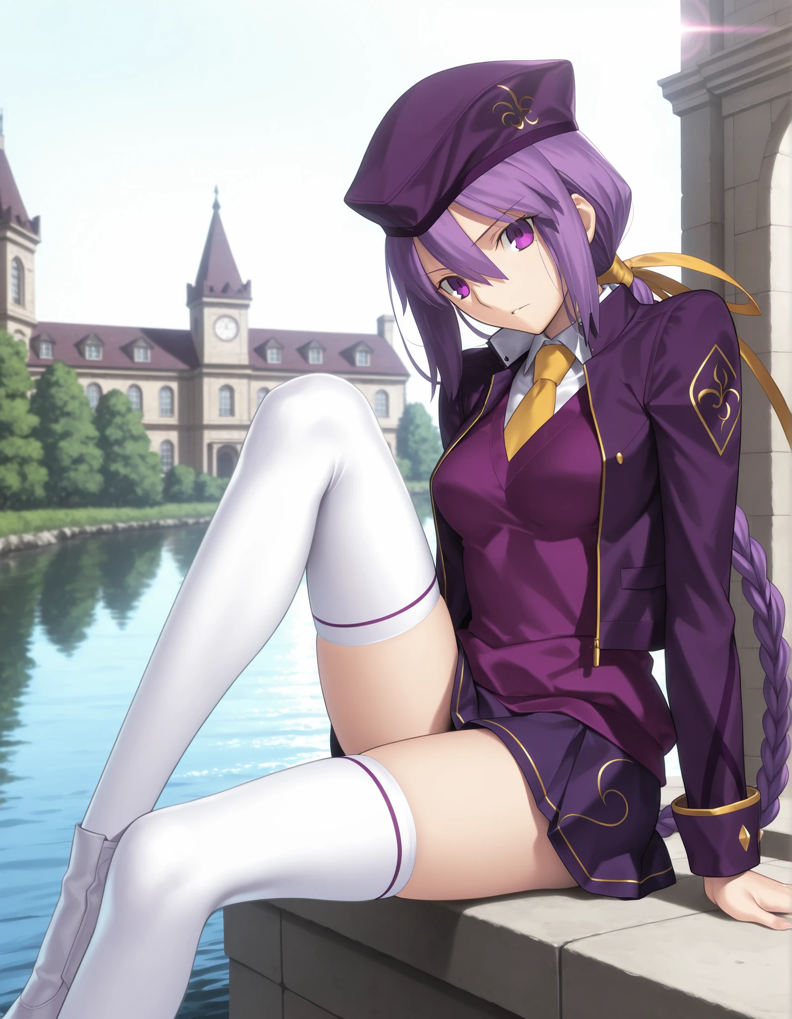 masterpiece, , absurdres, highres, detailed background, high resolution, masterpiece, necessary, detail, best quality, quality, necessary, details, High details, Precise, dark, outdoors, (mansion, ,river), lens flare, blurry background, ,
1girl, Takeuchi Takashi (type-moon,tsukihime) style, takeuchi takashi style,, (aged up) ,knee to chest,((long legs, slim legs)), ,
girl, (slender body, slim arms, slim bod), (Sion) Eltnum (Atlasia) ,sion eltnam atlasia,(fate), purple hair , purple eyes, tsurime, hair between eyes ,long bang, long hair , braided hair , braided ponytail , yellow ribbon , EltnumOutfit ,small breasts, light purple sweater , sweater vest , collared undershirt , white undershirt , undershirt , yellow necktie , dark purple cropped jacket , dark purple skirt , miniskirt , gold trim , white thighhighs , single glove , fingerless glove , black glove , dark purple beret , jacket ,(head tilt), looking at viewer ,,
