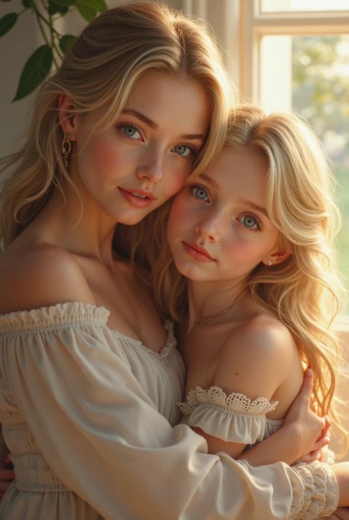 Blonde blue eyed girl resembling Blair Waldorf from gossip girl dressed as Blair Waldorf hugging adult woman like Lili Bass from gossip girl as mother and daughter