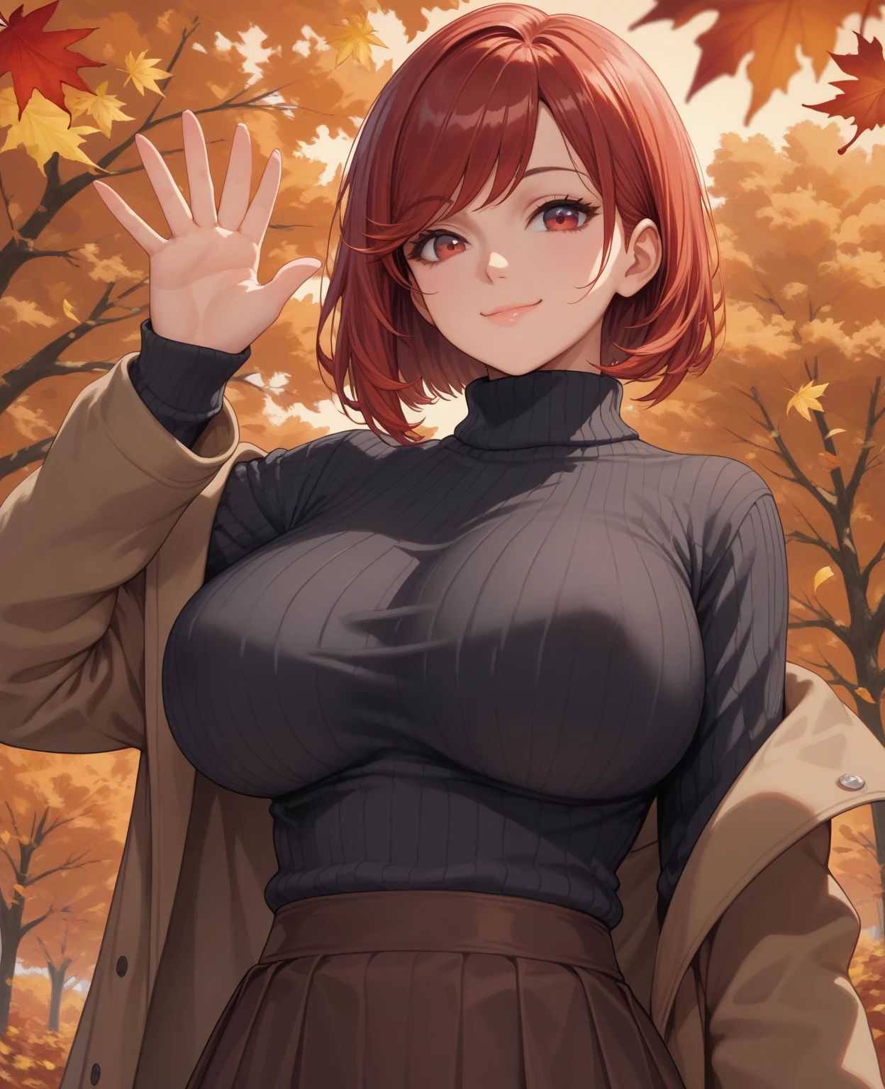 In the image, the foreground shows the face and upper body of a beautiful 40-year-old red hair caucasian woman with medium-length hair, very big breasts, smiling, dressed in a very large open black waistcoat (her navel and her breasts are visible), no panties. The scene takes place in a clearing of an oak forest in autumn, the leaves of the trees displaying the vibrant colors of red, orange and yellow. Behind him, an old stone house. The autumn sun's rays filter through the foliage, creating soft shadows all around.