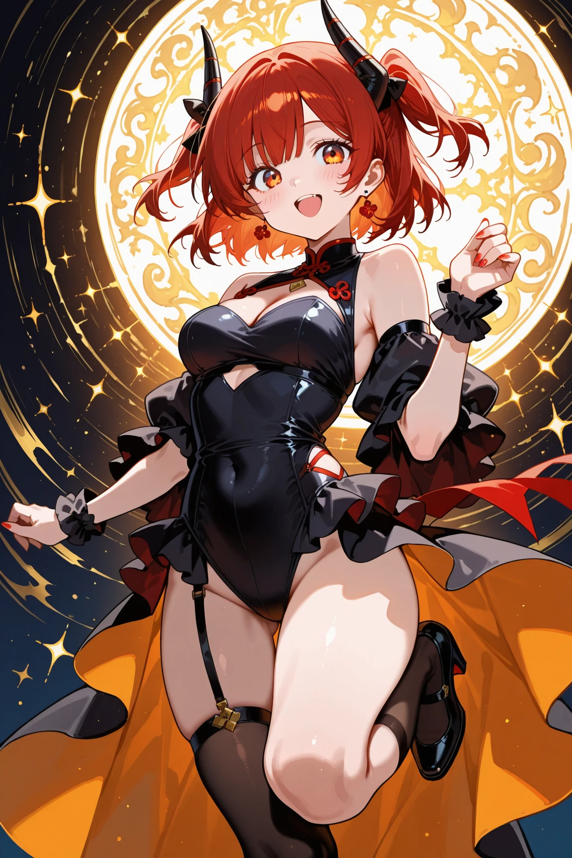 Highly detailed and realistic CG, Colorful, masterpiece, (perfect anatomy:1.3), Best Quality, 1girl, solo, Imperial red hair, shiny hair, short hair, sideburns, asymmetrical bangs, red eyes, shiny eyes, (crazy smile:1.2), (evil smile:1.2), sadistic smile, grin, skinny legs, contrapposto, standing, tube top, strapless, shorts, spiky boots, spiky wristband, idol concert, on stage, Live performance, open mouth, big breasts, cleavage, midriff, navel, black jacket, black military cap, stick tongue out, hand on headwear, hand on hip, hand on headwear, stylish pose, spotlight, thigh strap, flashy earrings, black elbow gloves, cinematic angle, looking at viewer, from above, open stance, latex, tight, slender, (black military cloak:1.1),