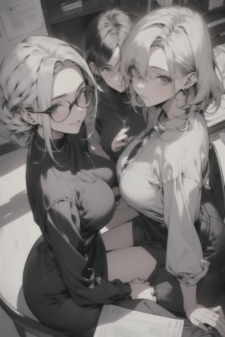 Anime, adult, 2girl, ,dark brown hair with highlights, brown eyes, light pink glasses, small boobs, long hair. white hair, blue eyes, short hair, big boobs, lesbian