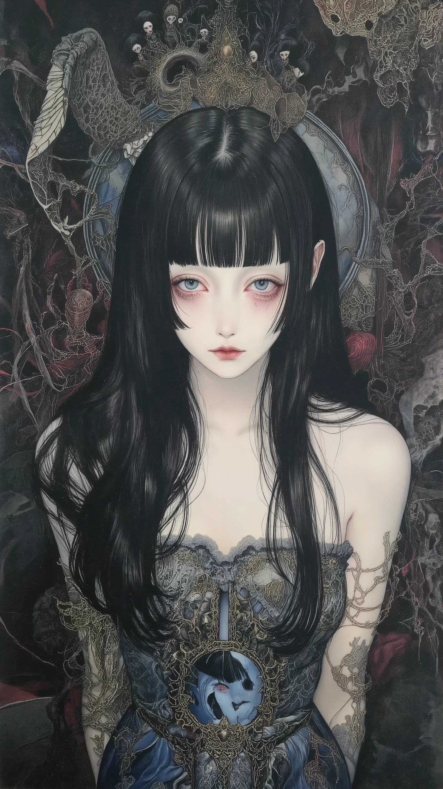 1girl,solo,black hair,wearing black dress,doll-like,melancholic,depression,pale skin,dramatic,vivid color,horror and beautifull,by gustavklimt
