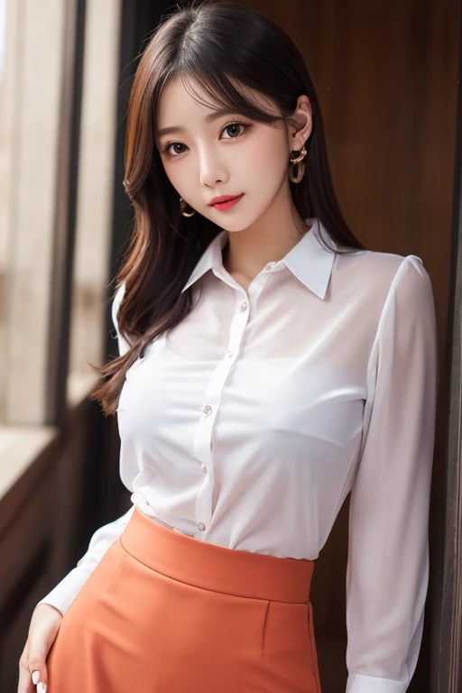 (RAW Photos), (Realistic), (masterpiece), (highest quality), High resolution, 8k, (Intricate details), (Volumetric Light), Portraiture, woman, Age 35, Medium Hair, Straight hair, Medium Chest, Layered Hair, Brown Hair, Very beautiful eyes, Source order, Very thin eyebrows, Very fine skin, Very beautiful mouth, Very nice nose, Cute like an idol, smile, (Thick lips), (Looking at the audience), (See-through black collared dress shirt), Above the knee shot
