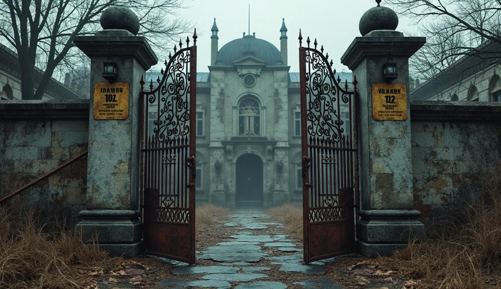 Rusty iron gates of a forgotten asylum half-open, creaking in the wind ...