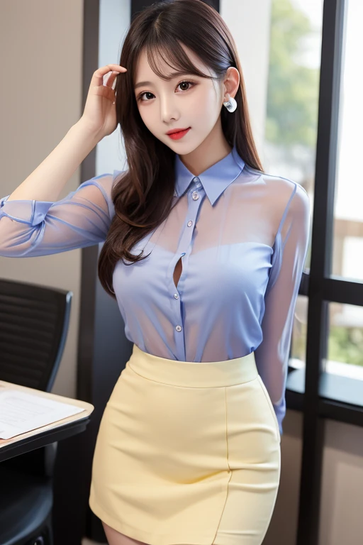 ((best quality)), ((muste piece)), (detailed breasts), perfect face、slender body、((spread legs))、Tight skirt with slit、Thin blouse、black pantyhose、high heels、open one&#39;s chest、((kiss face))