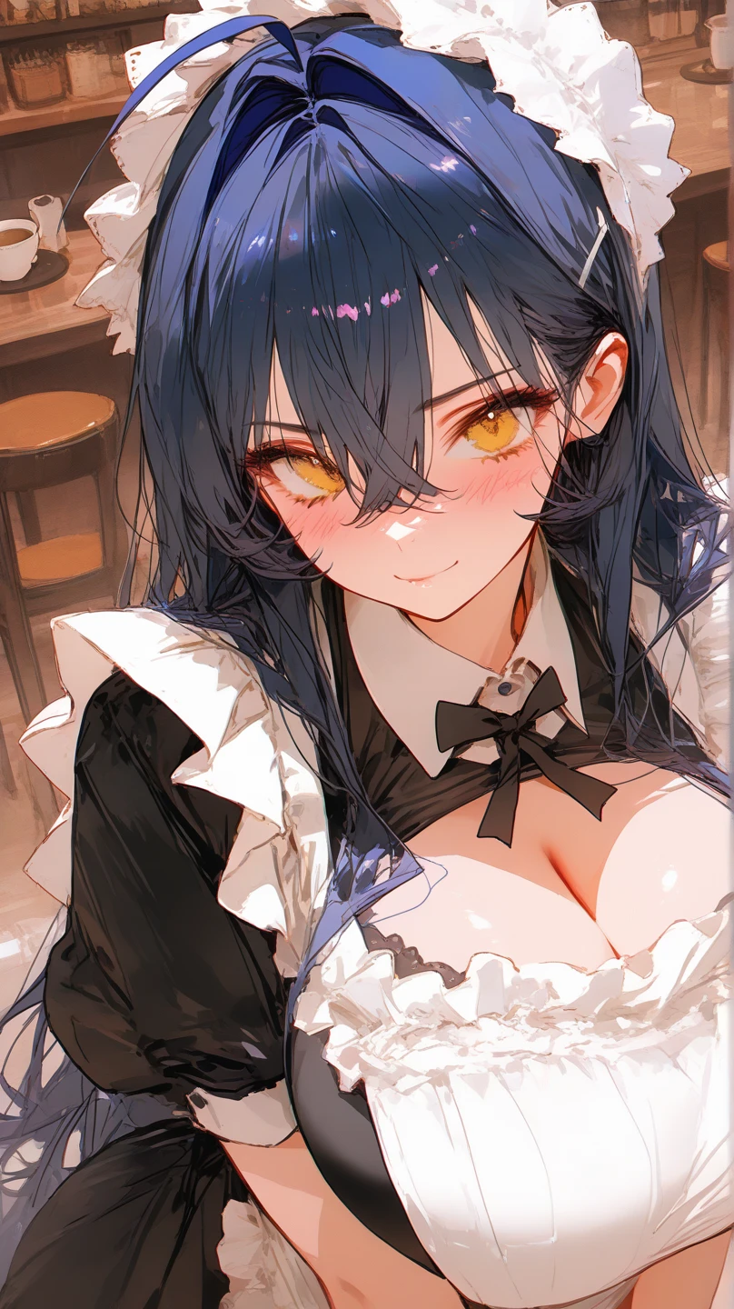 (masterpiece), (best quality),highres, ultra detailed, professional lighting, black hair, yellow eyes, bunny outfit, front view, tearful eyes, smile, tilted head, eyes focused on viewer, falling petals, upper body, shaded eyes, esdeath