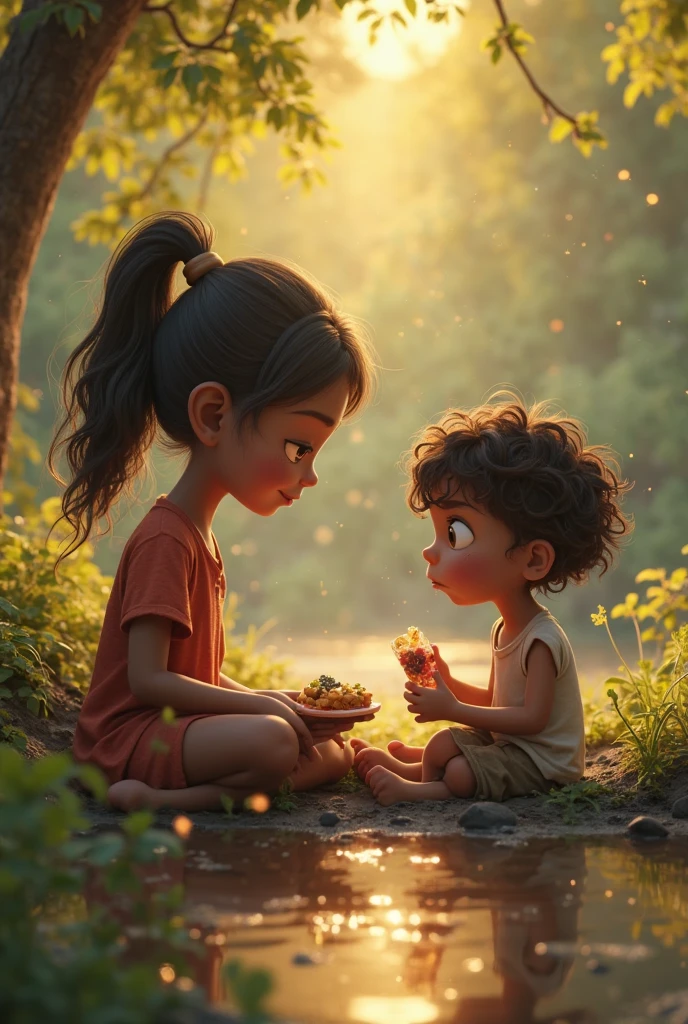Pablito and his friend Maria (They are both children) They are sitting near the Pailón del Diablo waterfall. Water falls from a great height, creating a spectacular effect and vapor that forms a rainbow. Maria is offering Pablito a plate of roasted guinea pig and marshmallows, and they both laugh together. The environment is lush, with green vegetation and tropical flowers around.