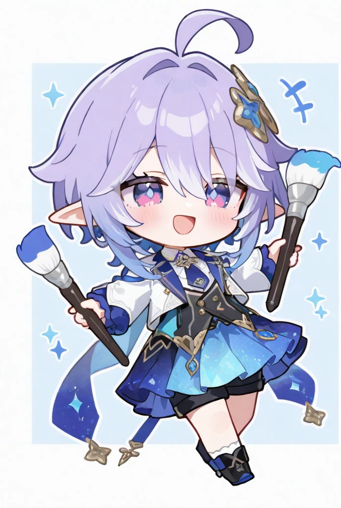 A cute chibi boy, Very big paintbrush、paints、little character、super deformed、Energetic movement,smile with open mouth、moving pose