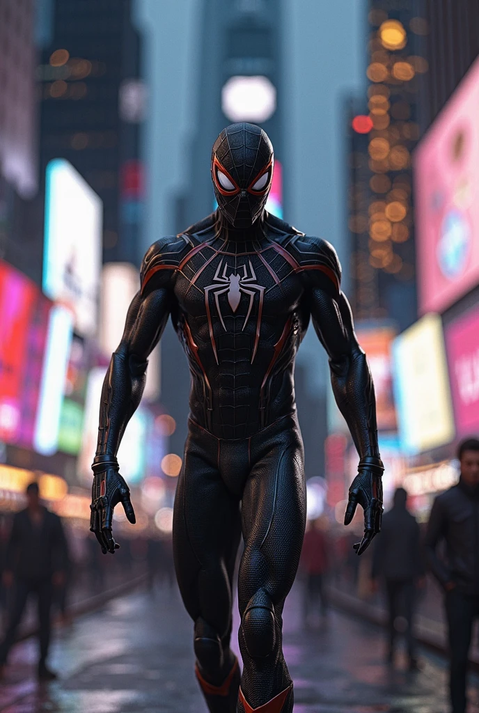 (8k, raw photo, of the highest quality),(realistic epic:1.5)Spiderman with black suit, in the dark,Stormy night in New York with dim lights and holding a paper where it is written Alex Simon is my boss