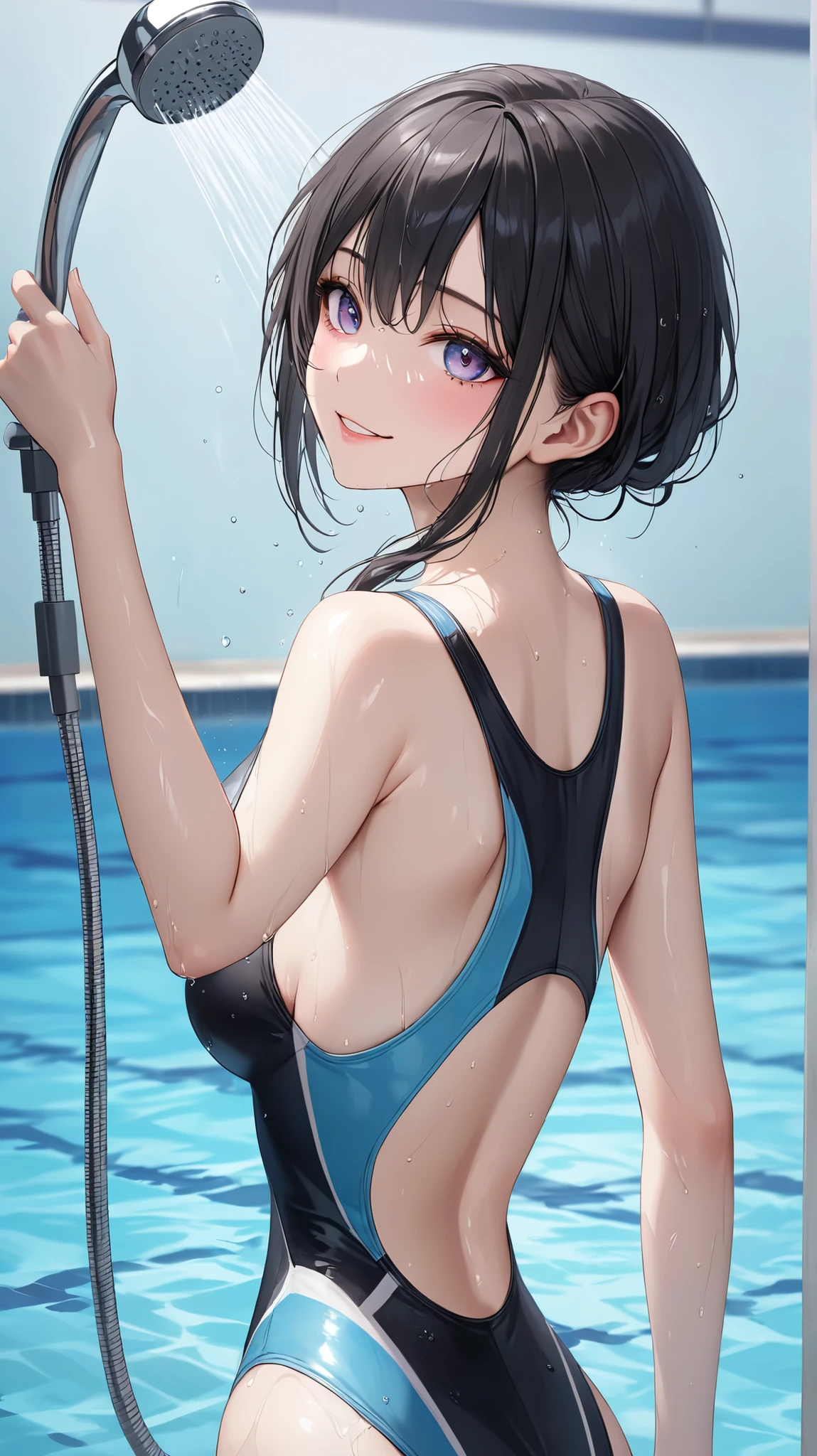 upper body, masterpiece, dark blue swimsuit, school swimsiut, dark navy low-cut swimwear, sukumizu, best quality, 1girl, cute, slender, (shiny skin, sweaty:1.2), pool, depth of field, sharp focus, detailed eyes, sharp pupils, realistic pupils, short hair, looking at viewer, delicate facial features, (blush, upset:0.1), (hyper-detailed:1.5), (small breasts:0.5), tongue