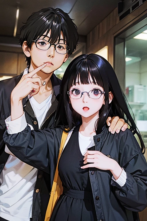 Highest quality、masterpiece、High sensitivity、High resolution、Detailed Description、Slender women、Glasses、Boys、Holding a girl、lift、