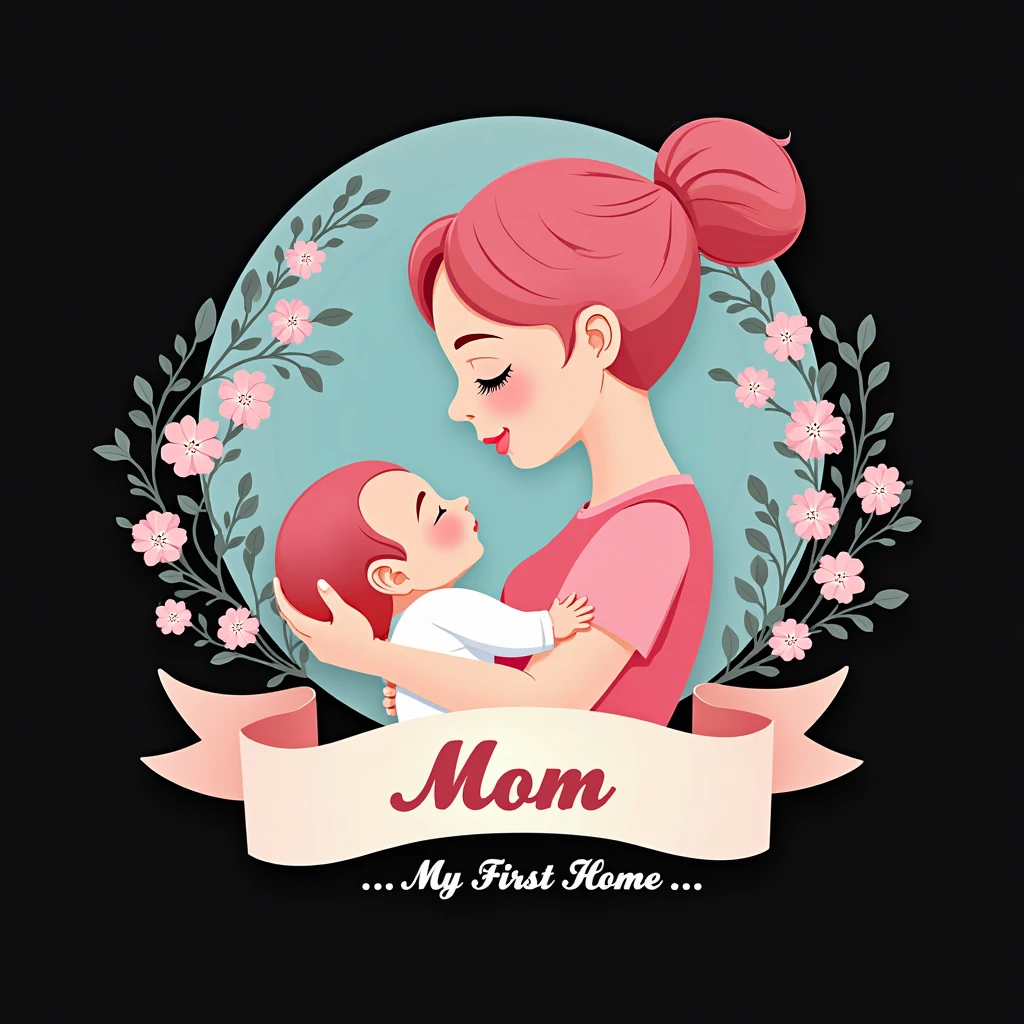 
Logo with cookie theme and a young mother with a baby boy on her lap, written Sweet Mom