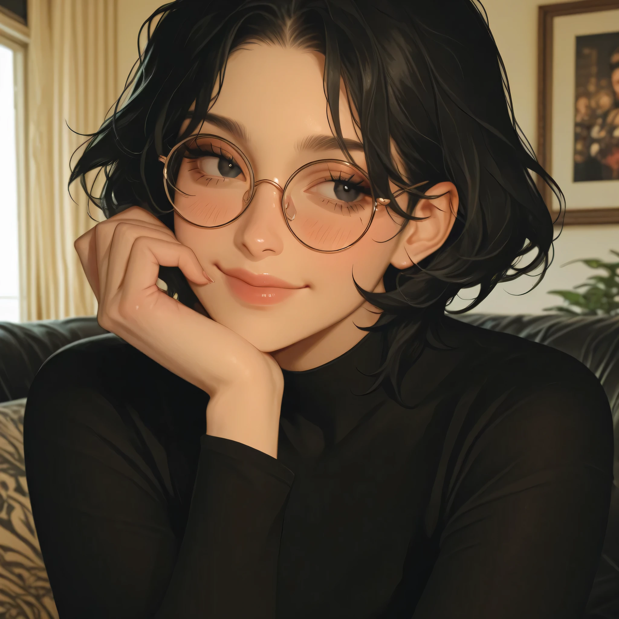 Female anime character with dark black hair. She poses with her chin propped up and smiling slightly. The direction of the side view is looking to the left. She has wavy hair. She wears round glasses. She looks cunning, innocent, sweet, cute and beautiful. She wears a long black shirt and a black undershirt.has black eyes. has a strong and sharp vibe.with an elegant photo background.Long wolf cut haircut.very high quality and detailed.more detail in the eyes.