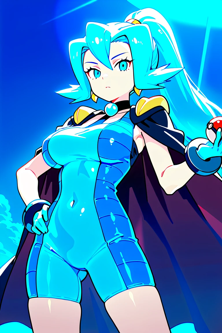 (masterpiece, best quality), 1girl, <lora:Clair_Pokemon:0.8> Clair_Pokemon, solo, 1girl, long hair, blue hair, blue eyes, ponytail, blue bodysuit, black cape, blue gloves,