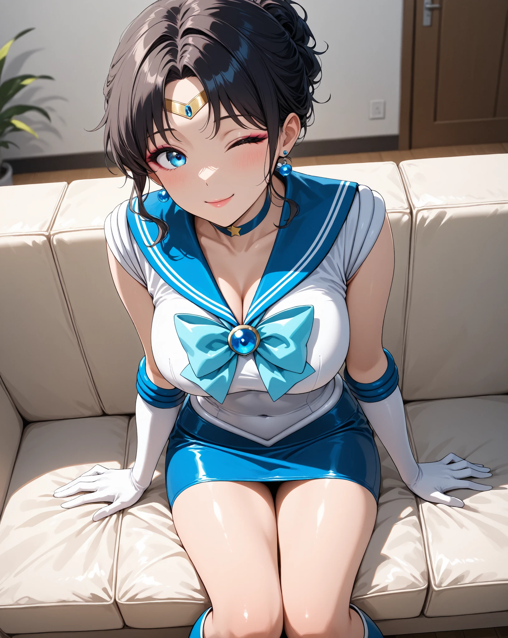 (highest quality, masterpiece:), ultra-high resolution, night, in the pool bar, Korean photo model, young and beautiful gravure idol, 23 years old, tight, wearing a Sailor Moon Outfit, mini skirt, high leg, gigantic breasts, large areola, puffy nipple:1.4, skinny, bangs, long hair, black hair, forehead, unkempt hair, gorgeous earrings, beauty, victory smile, mature woman, please face forward and look at the camera,