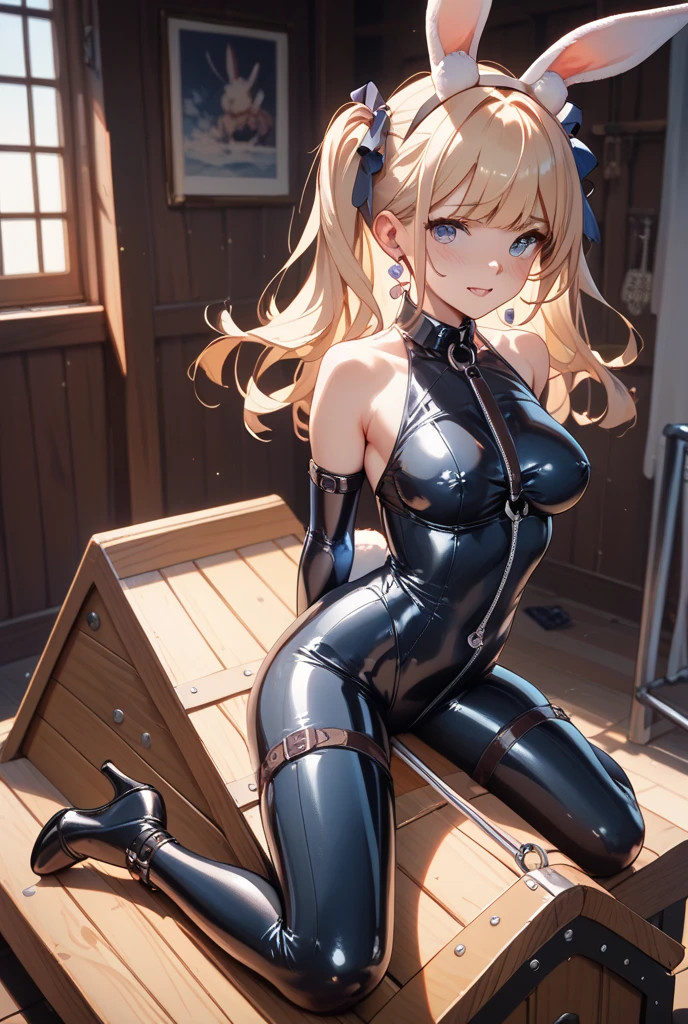 German navy Cap、camel toe:1.4、(Sweat)、(vapour)､(((long gloves:1.3)))、brown loafers、black calf length socks、((squatting))、Open your thighs wide to the left and right、show off your crotch to the viewer, ((latex old school swimwear:1.3, spread your legs:1.3, arm behind head ))、12 years old、absurdes、long blonde hair、flat lighting、elevation angle、sexy pose、highest quality、Complex、surreal、perspective, very detailed, detailed background, shape、1 girl、alone、big breasts、Erect nipples and a light smile, embarrassing, blush, Poolside, (Sweat), 

