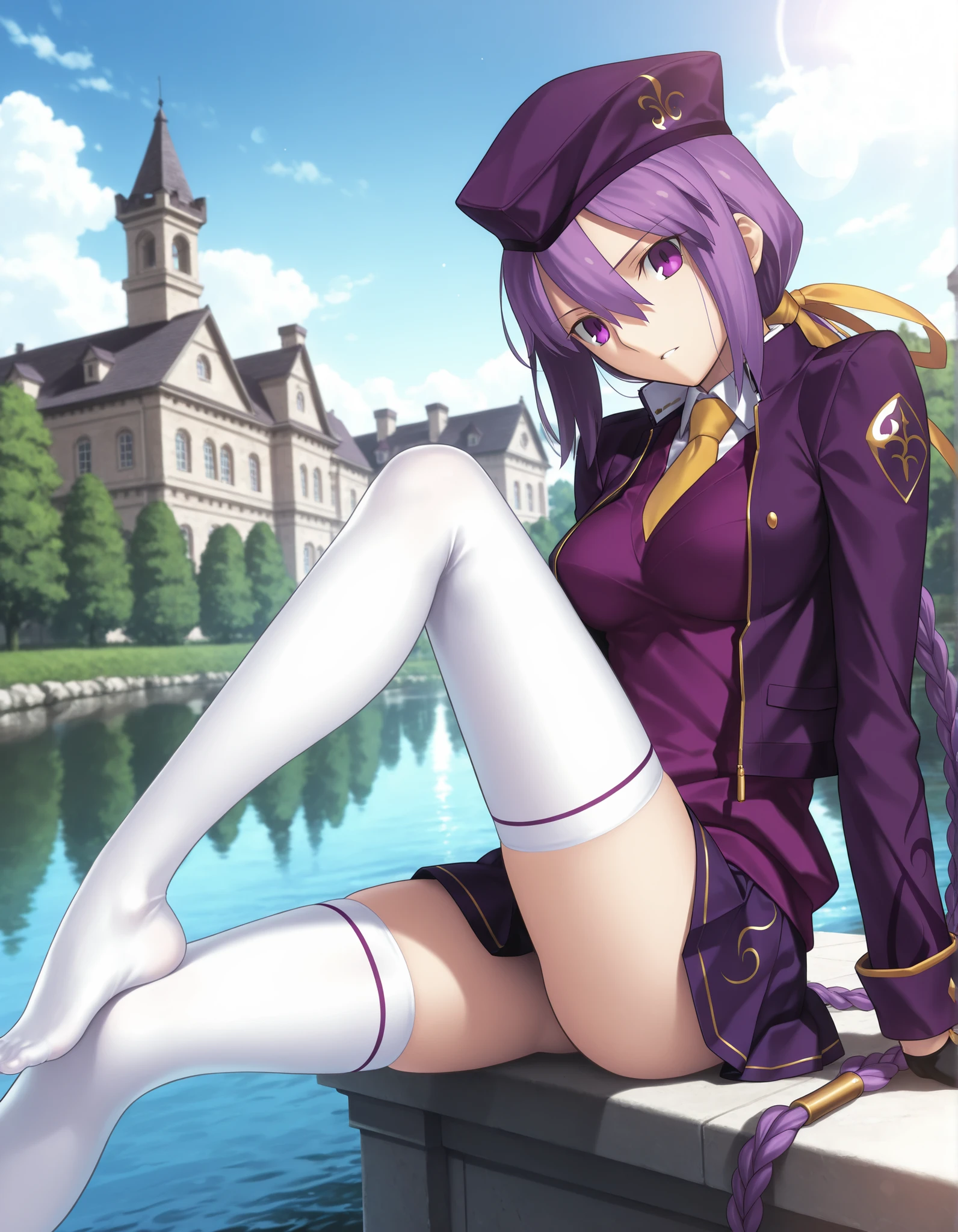 masterpiece, , absurdres, highres, detailed background, high resolution, masterpiece, necessary, detail, best quality, quality, necessary, details, High details, Precise, dark, outdoors, (mansion, ,river), lens flare, blurry background, ,
1girl, Takeuchi Takashi (type-moon,tsukihime) style, takeuchi takashi style,, (aged up) ,knee to chest,((very long legs, slim legs)), ,
girl, (slender body, slim arms, slim bod), (Sion) Eltnum (Atlasia) ,sion eltnam atlasia,(fate), purple hair , purple eyes, tsurime, hair between eyes ,long bang, long hair , braided hair , braided ponytail , yellow ribbon , EltnumOutfit ,small breasts, light purple sweater , sweater vest , collared undershirt , white undershirt , undershirt , yellow necktie , dark purple cropped jacket , dark purple skirt , miniskirt , gold trim , white thighhighs , single glove , fingerless glove , black glove , dark purple beret , jacket ,(head tilt), looking at viewer ,rofer,