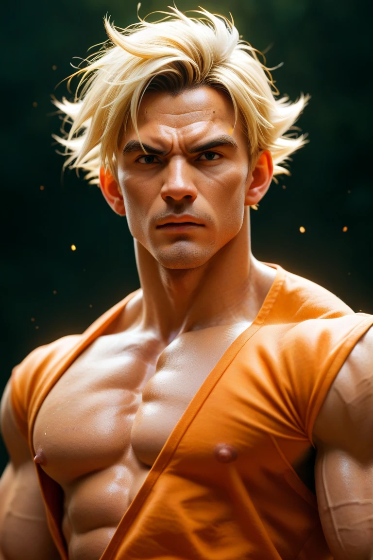 (masterpiece, best quality), intricate details, 8k, artstation, wallpaper, official art, splash art, storm in background, sharp focus, 1boy, (photorealistic:1.2) (bokeh) (best quality) (detailed skin:1.3) (intricate details) (8k) (detailed eyes) (sharp focus) son goku, angry, battle damage, blonde hair, blue sash, clenched teeth, furious, green eyes, male focus, muscular, muscular male, pectorals, sash, solo, spiked hair, super saiyan, super saiyan 1, teeth, topless male, torn clothes, wristband,