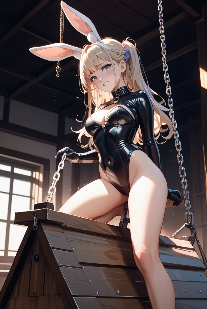 (masterpiece, Highest quality), Realistic, 1 Girl, (Sensual:1.3), Brown Hair, super short hair, Green Eyes, beautiful large bust, (Playboy Bunny), (Both wrists were restrained:1.4), (His hands are handcuffed to the wall:1.2), (Raise your arms high:1.4), (Both arms are stretched out straight:1.2), (Kneel), (vaginal dildo insertion), whole body, Sweat, Pussy juice, vapor, (Motion Blur, attractive animation, trembling:1.2), (close your eyes), (orgasm:1.4) , dark, Mechanical room, black strapless bunny leotard, bowtie, cuffs, black rabbit ears, white rabbit tail, armpits, fishnet pantyhose, (nsfw:1.2), shooting from side below, show the wrists, show the hip, vagina