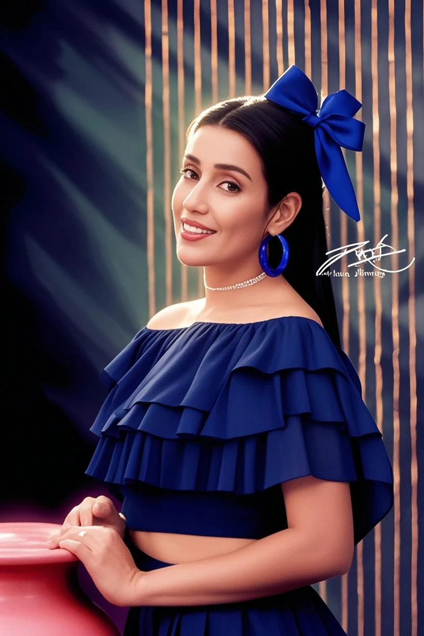 there is a woman in a blue dress standing in front of a mirror, blue-white dress, in blue dress, blue colored traditional wear, blue dress, 30-year-old woman from cuba, wonderful masterpiece, wearing blue dress, profile image, a blue dress, great masterpiece, blue swirling dress, blue checkerboard dress, beautiful masterpiece