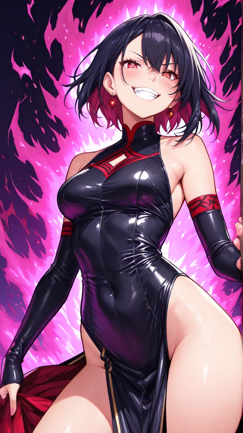 girl tickled sideways, 1 girl,big breasts, smile, laughter, Are standing, armpit, grab, tickle,Research room,saliva,blush,Sweat,please open your mouth wide,black hair,short hair,(black tight suit:1.4)),streak,Close your eyes,