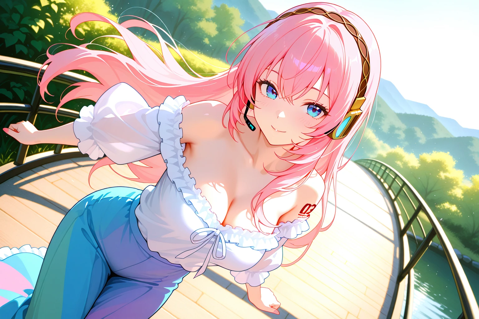 (masterpiece),(intricate details),1girl,mature female,medium breasts:1.39,tired face,brown eyes BREAK lukamegurine, luka megurine, blue eyes, headphones, long hair, pink hair, (medium breast:1.4), Covering her breasts with her hands, BREAK arm warmers, armband, no shirt, no clothes, bare shoulders, black skirt (suggested by the context of no wearing clothes, potentially visible in this setting), midriff, navel, totally exposed breasts, shoulder tattoo, ((reclining on a serene countryside path winds through fields of blooming wildflowers, inviting peaceful walks amidst a natural tapestry of vibrant colors and gentle fragrances.)),((upper body,portrait)),from above:1.4 BREAK day,sun,rainbow,((cumulonimbus)), depth of field,looking at viewer