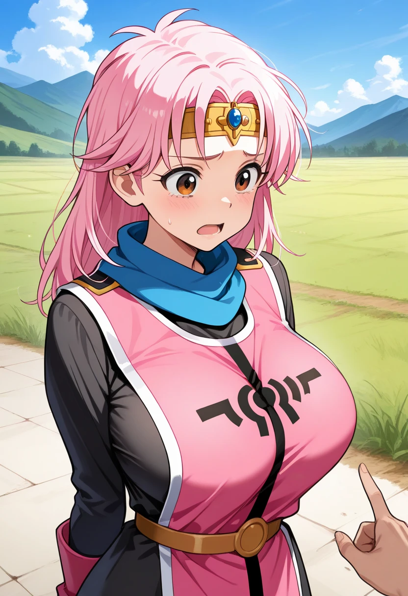 ((best quality)), ((highly detailed)), masterpiece, detailed face, beautiful face, (detailed eyes, deep eyes), (1girl), cowboy shot, hatsume mei(MHA), pink hair, yellow eyes, symbol-shaped pupils, crosshair pupils, grin, (muscular female), extra massive breasts, my_hero_academia_gym_uniform, blue uniform, pants, inside, in a locker room