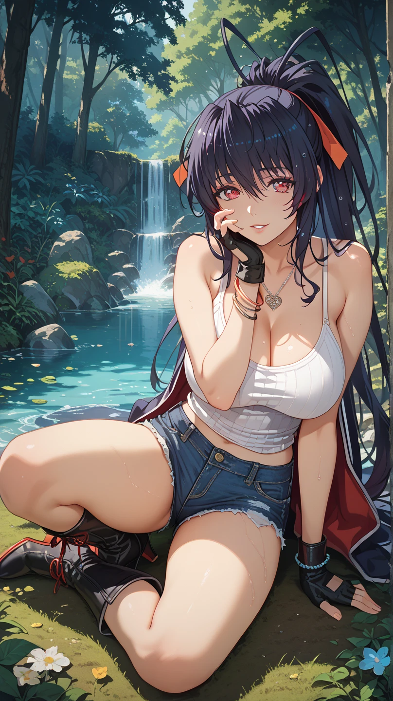 (masterpiece, best quality:1.2), extremely detailed, detailed hair, soft lighting, volumetric lighting, intricate details, finely detailed, mature female, 1girl, solo, looking at viewer, , hands on own chest, squatting , large breasts , BREAK kimono, waistband, hairpin, bodystocking, ribbon, (asymmetrical bangs, flipped hair , gradient hair ),, necklace , smirk , , sweat, with a swamp in the background, vibrant parrot perched on a branch in the foreground, <lora:fueV3LOL-000009:1>