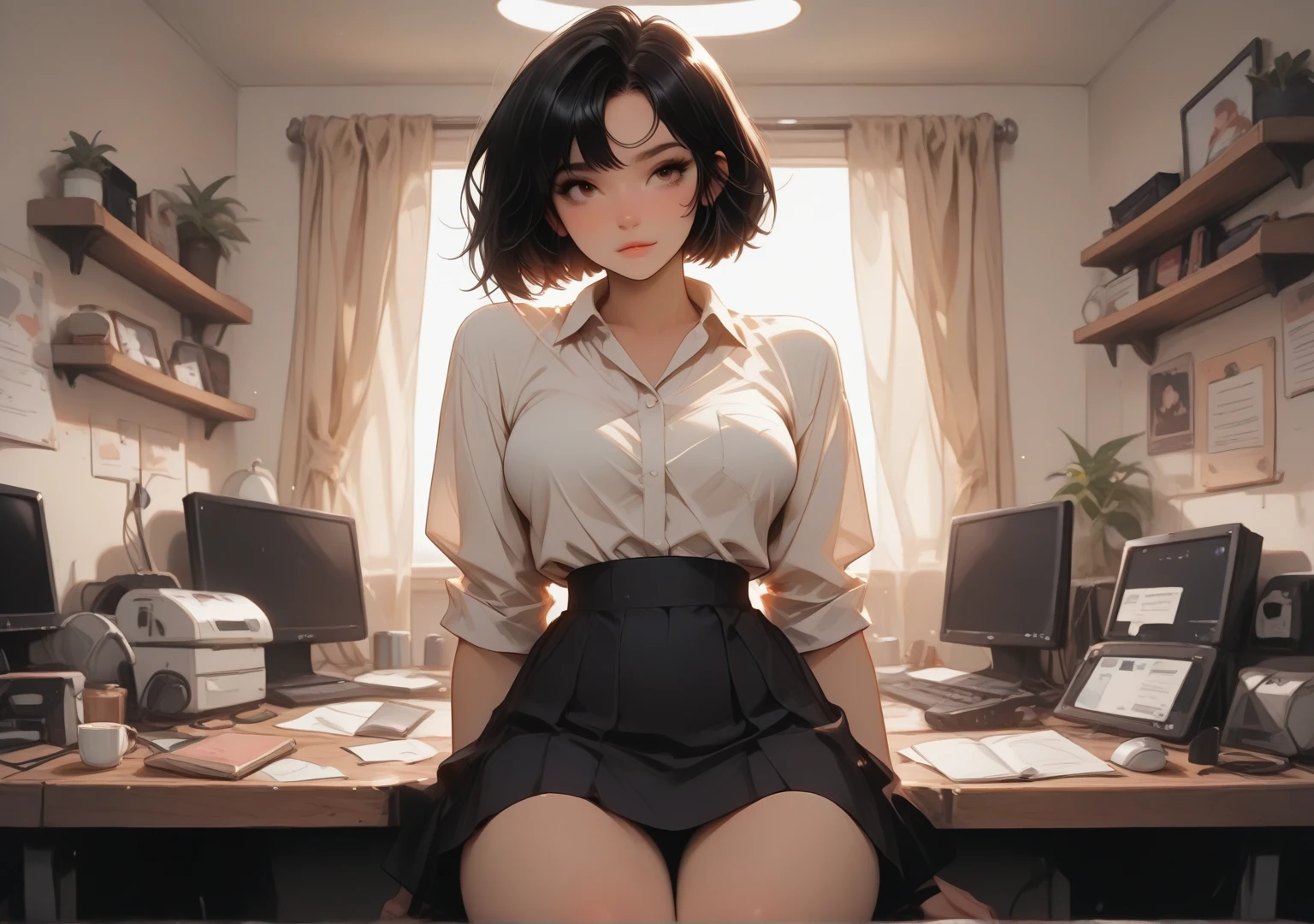 1girl, secretary room, , from above, running, masterpiece, best quality, highly detailed, ((secretary outfit, secretary girl)),((pencil skirt,black skirt,cleavage,frilled skirt,micro,skirt frills)),((white shirt,skinny shirt,thighhighs,white thighhighs)), extra curly hair, black hair, short hair,((full shot:1.3))