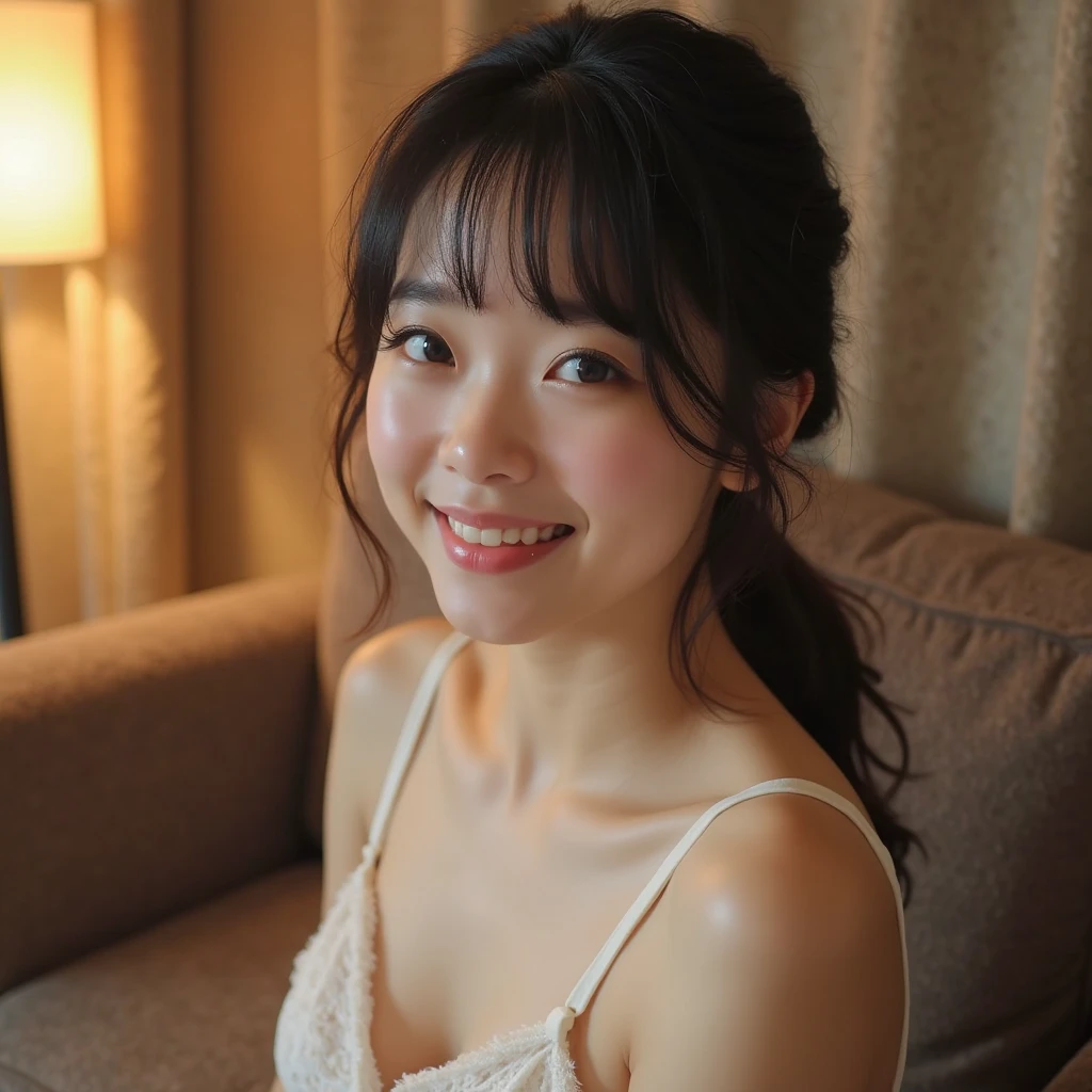 masterpiece,best quality,(Japanese girl),((Beautiful girl)),cleavage,(off shoulder:1.3),(bedroom),(perfect body beauty:1.2),(shy smile),beautiful teeth,