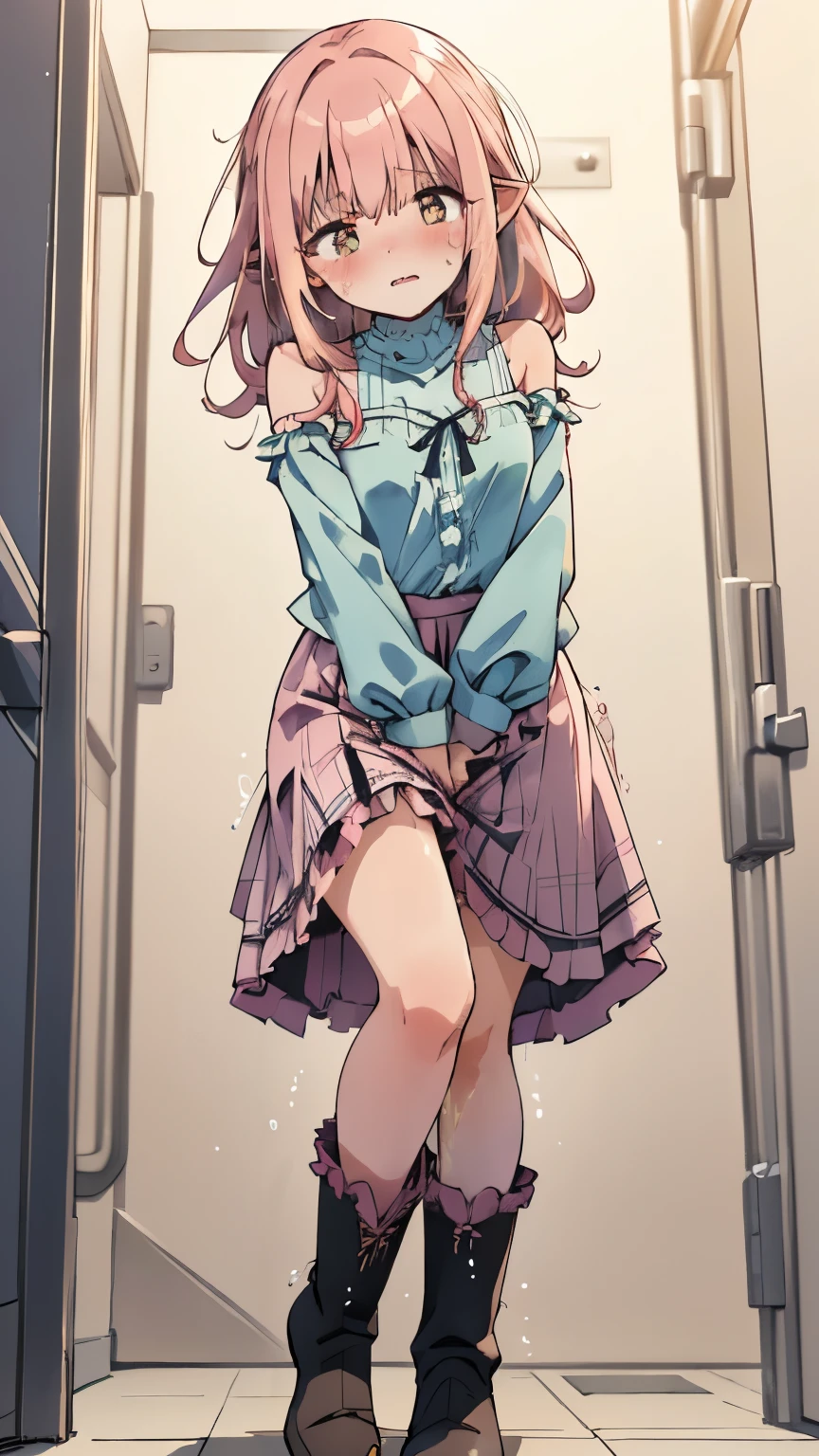 (SIGMA 200 mm F/1.8, 1/1000 sec shutter, award-winning photo), (beautiful medium breasts, shiny skin), (have to pee-pee:1.1), (Disheveled hair), (The expression of someone desperately trying to hold in her pee-pee:1.1), (She needs to pee-pee so badly:1.1), (She front in queue with girls restroom:1.4), (Panting:1.1), (Full face blush:1.3), (pee-pee dance:1.3), (Constricted Pupils:1.1), (Impatience:1.1), (flustered:1.2), (She wasn’t moving, Her shoulders were high, almost touching her ears, and her whole frame looked tense and frozen, legs straight standing on tiptoes, arms stiff, her whole posture unnaturally tight, She stood like someone trying not to break under pressure:1.2), (She frantically powerful clutching herself crotch:1.3), (wearing long frilly Blouse, tight Skirt, ankle Boots:1.3), (wide shot), (8K, ultra-detailed, best quality, ultra-detailed face, anatomically perfect figure, extremely detailed glamorous curvy body girl), nsfw, 