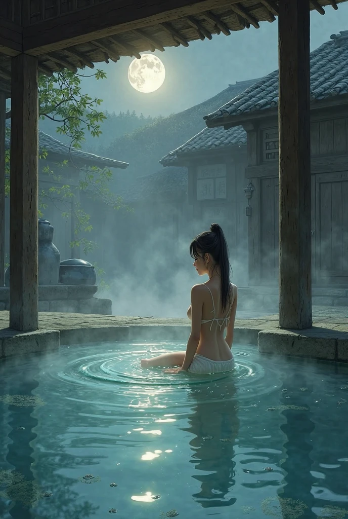 (Beautiful ancient Chinese architecture, moonlight twinkling, lakes at night, shaded by bamboo forests, stone bridge arches, gurgling water, rockery stone paths, blooming water lilies, hot spring water vapor, auspicious moonlight illustration: 1.0), epic composition, super details Realistic, highly realistic lighting, beautiful, sexy, hot, naked, young women with clear big boobs, uncovered wide open pussies, masterpiece. (very detailed CG unity 8k wallpaper) . --v6