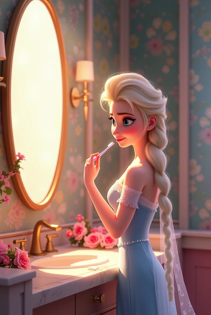 create a imagem of Disney princess Elza brushing her teeth