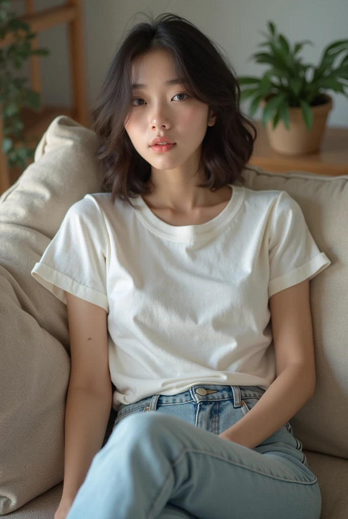 Very beautiful Japanese women, One woman, clear, White T-shirt, jeans, Relaxing in the living room