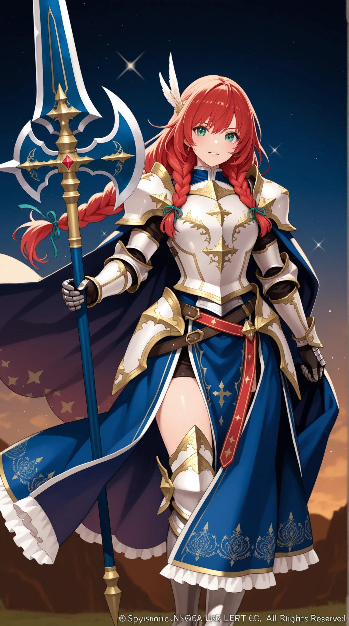 4K,High resolution,One Woman,Red Hair,long hair,Braid,Blue Eyes,knight,Golden Armor,Full Armor,Golden gloves,Golden shoes,Red Cape,White leggings,Jewelry decoration,hair band,Long sword,Inside a medieval castle
