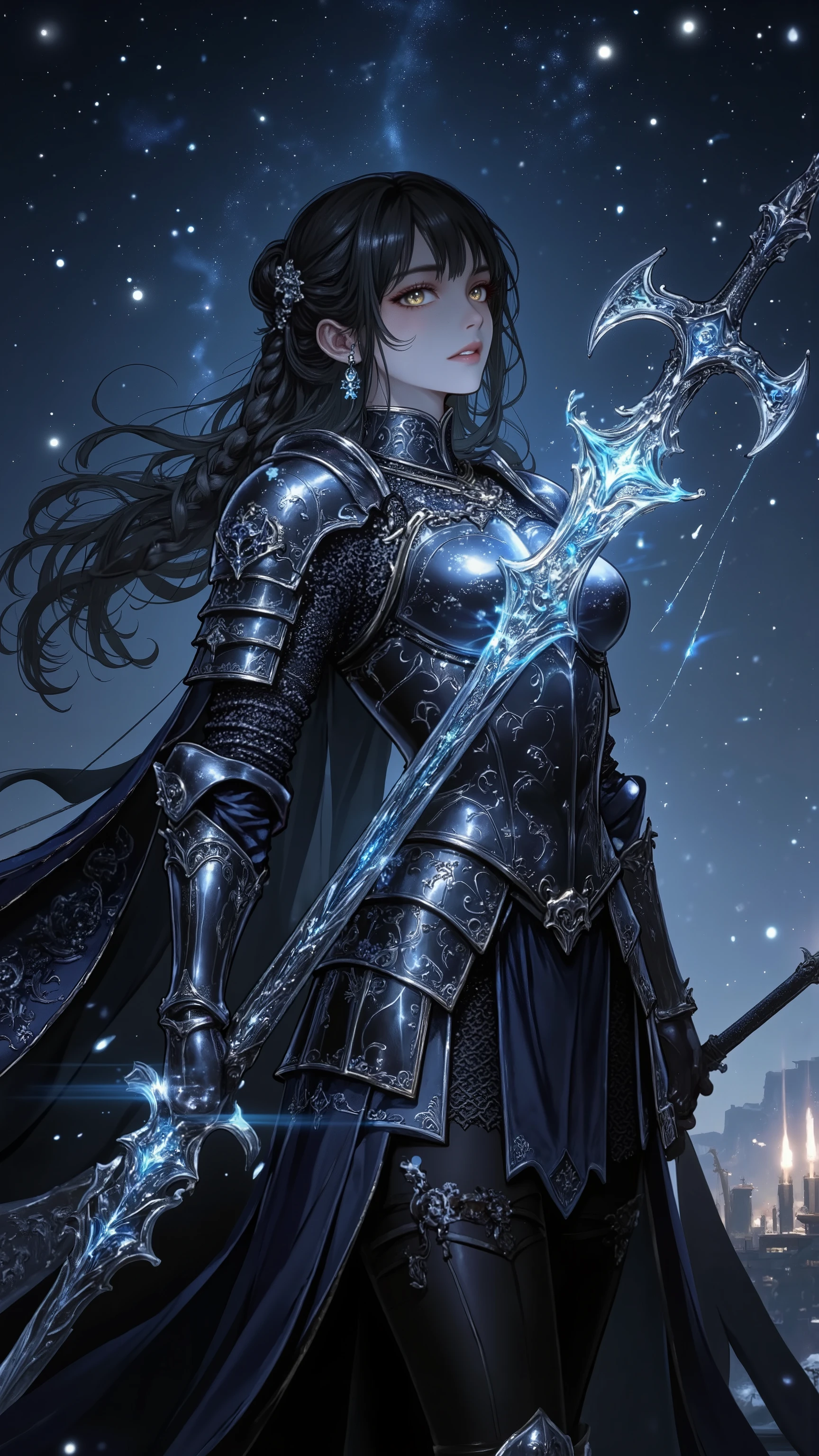 Heroic Fantasy Art, Female Knight, Braided Ribbons, Sparkling Night Armor, Brilliant Embroidery, Exquisitely Carved Halberd,