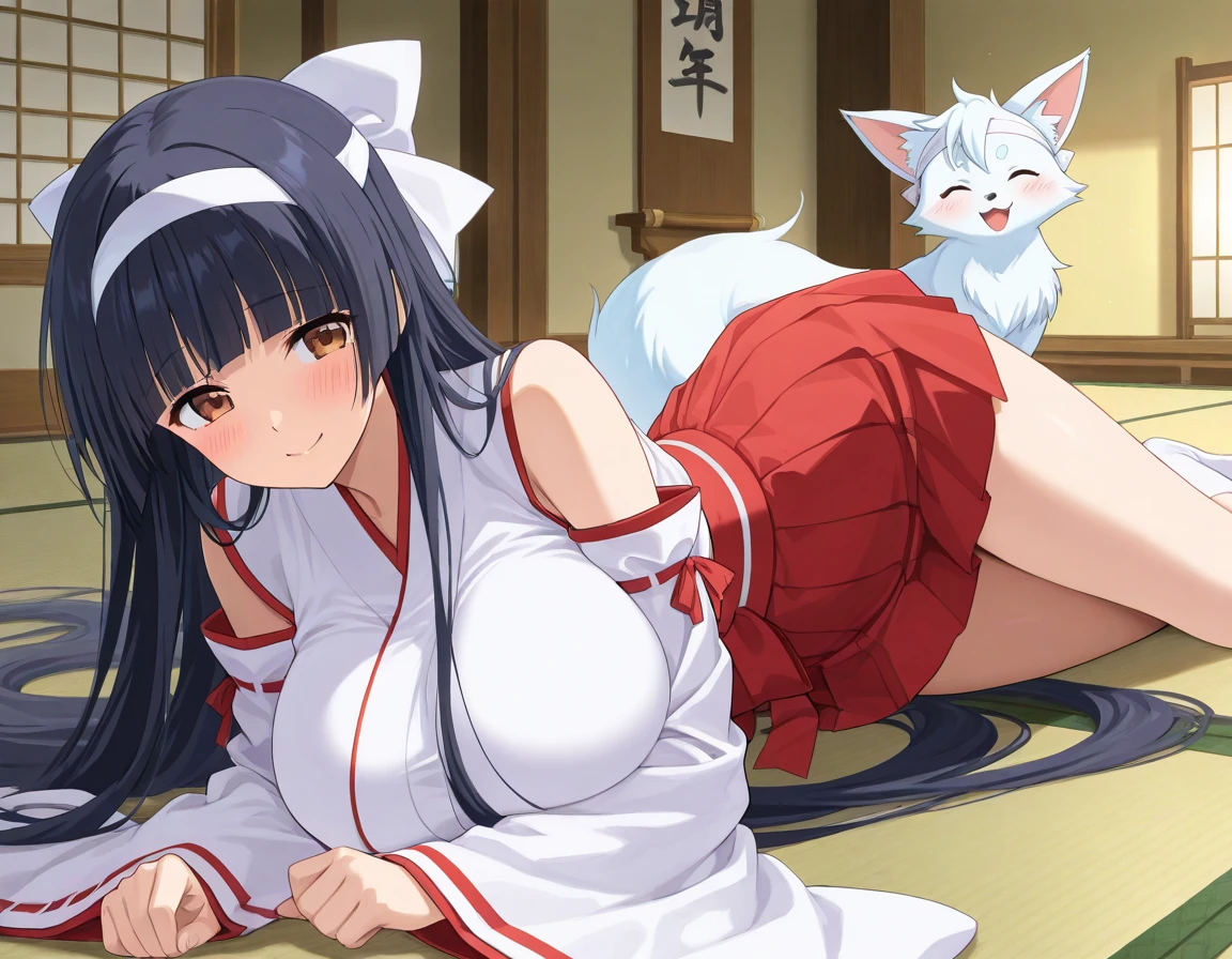 Cute illustration、(１Woman with dark hair、length hair、slim figure、skinny face、brown fox ear headband、Shrine maiden style bikini)、(Holding a large pure white Shiba Inu)、Very embarrassing、Sitting position holding your knees、traditional Japanese room、Lighting from the side
