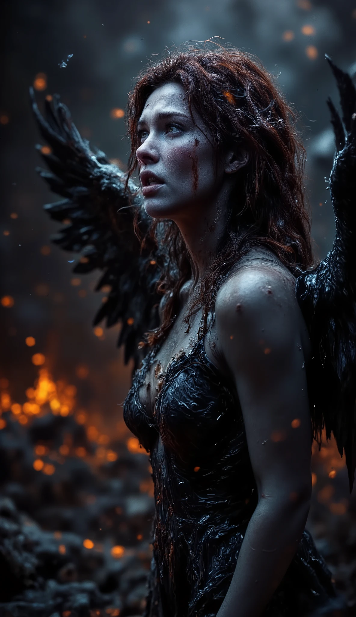 Really epic realistic and very low coloured and low contrast photography, 25 years old muscle scantily clad sexy angry and furious innocent woman as a angel of darkness with big dark angel wings looking into the hell from the left side. Angel warmth of exhalation from nose and little open mouth, goose skin, more sweaty in face and body. Angel wearing a torn ripped and dirty dark semi transparent habitus, realistic bloody slash wounds on a body, in the winter with snow, more fog dust and ashes and volumetric lights, more fires some with raising dark smoke in background, full body, Hasselblad X2D 100C, looking into the lens, in the night and dark open area, come from hell, focus f=4.0, more stars bokeh, distance=50 ft, epic backlight, light from above to down and face. 8k nordic long hair woman..... --ar 9:16