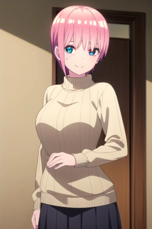 <lora:momigi:0.9>momigi,mochizuki_momiji,
, blue_eyes, pink_hair ,short_hair,straight_hair,black_hair_ribbon_Left_side,black_turtleneck_sweater,pencil_skirt,sitting,smile
solo,1girl