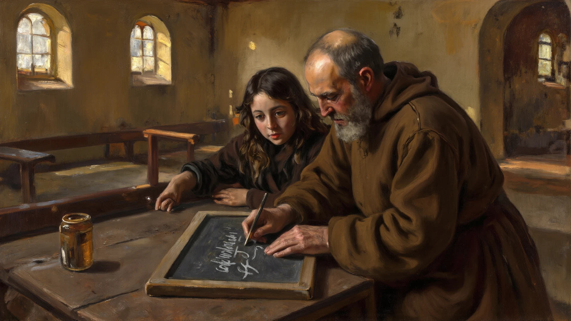 Father sitting in an armchair reading the Bible to his 3 children sitting around him. oil painting style 