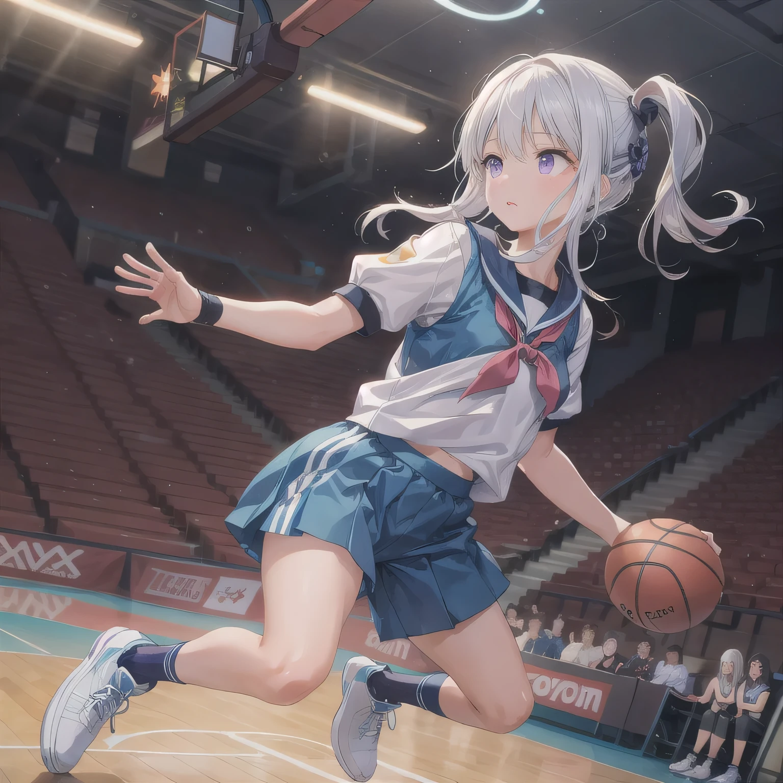 A young female basketball player makes a dynamic jump shot with elegance and control. She holds the ball firmly in both hands, her form showing strong confidence and skill. Her athletic uniform fits her form well, paired with high socks and sneakers in matching tones. Her neatly styled hair flies in motion as she leaps, with focused eyes locked on the basket. The polished gym floor reflects her movement under bright lights, capturing the intensity and competitive energy of the moment.
(RAW photo quality, photo-realistic:1.4), masterpiece, ultra-detailed, cinematic lighting, soft light, highly detailed face and body, extremely realistic eyes, perfect anatomy, slender body, high-res, ultra CG detail. White hair, long hair, purple eyes.