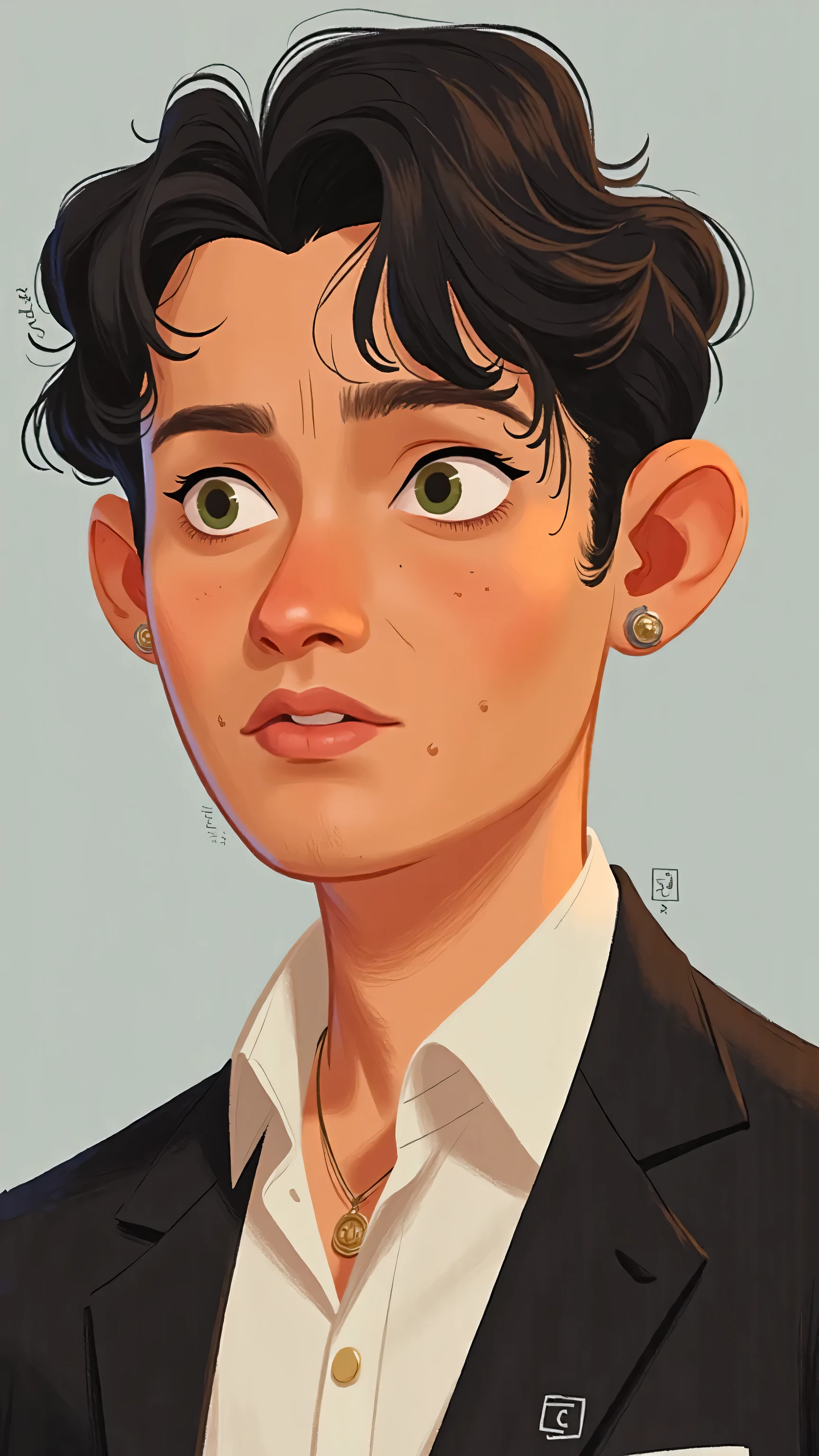 close-up，Portrait，A handsome、Trendy 、Handsome men，short black hair，green eyes，Mature woman about 30 years old in a black suit and white shirt ， with a strong posture ；Background gray； illustration style 