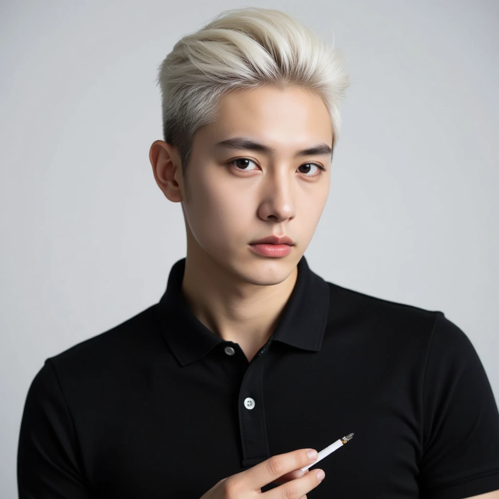 Boy perfect face orange eyes gray hair in white stick in office 