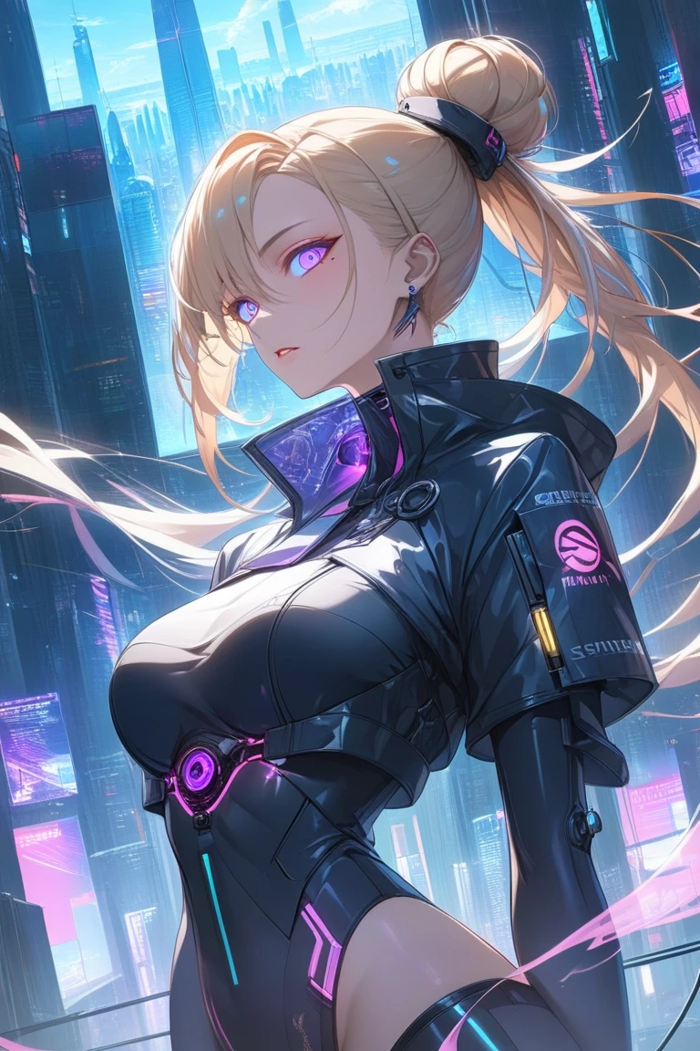 ((masterpiece, best quality)), High resolution, distinct image, (1girl), (solo), (female Focus), light smile, sitting on wall, (Cyberpunk beautiful female action), (blonde side braid hair 1.2), (blue eyes), (eyelashes), (large breasts 1.4), Arms behind back, neon city, cyberpunk , oficial art,
