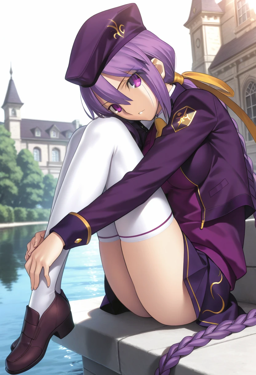 (((spread legs)))、Glasses、uniform blazer、beautiful beauty、purple hair long、((whole body))、(((photo taken from below)))、school gate